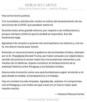 Santiago Peña celebra decisión de Estados Unidos sobre Horacio Cartes y reafirma lazos bilaterales