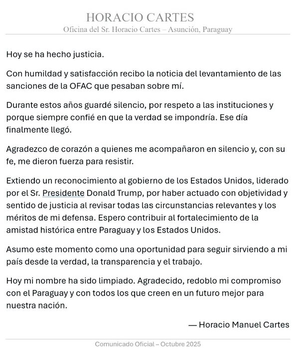 Santiago Peña celebra decisión de Estados Unidos sobre Horacio Cartes y reafirma lazos bilaterales