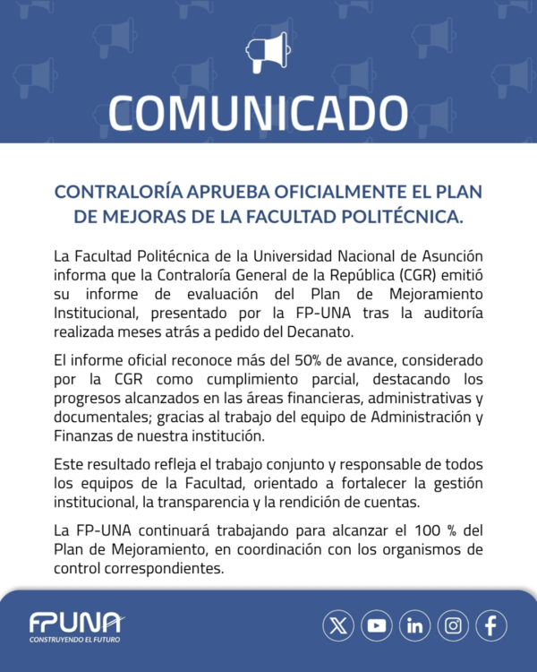 CONTRALORÍA aprueba oficialmente el Plan de Mejoras de la Facultad Politécnica