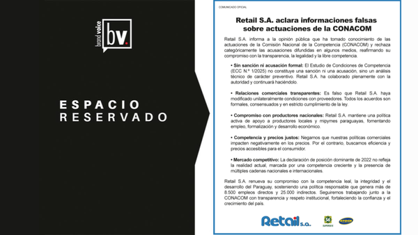 Espacio reservado: Retail S.A. aclara informaciones falsas sobre actuaciones de la CONACOM