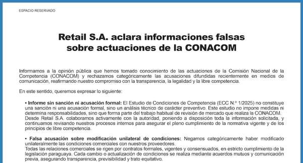 Retail S.A. aclara informaciones falsas sobre actuaciones de la CONACOМ  - Espacio Reservado - ABC Color