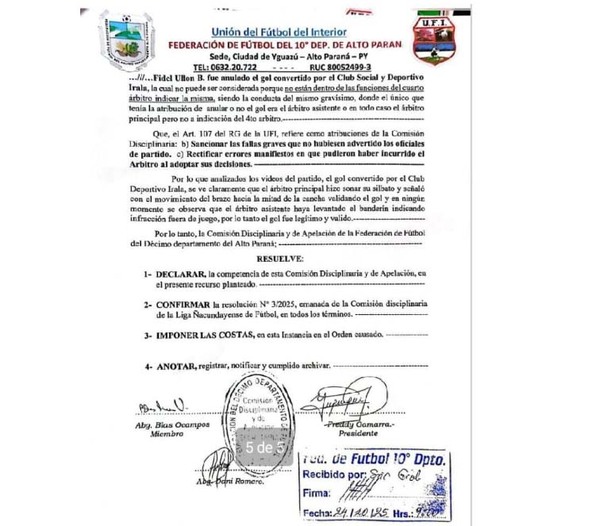 Tribunal de la Décima Región ignora informe arbitral y rechaza apelación de Guaraní de Itá Verá | DIARIO PRIMERA PLANA