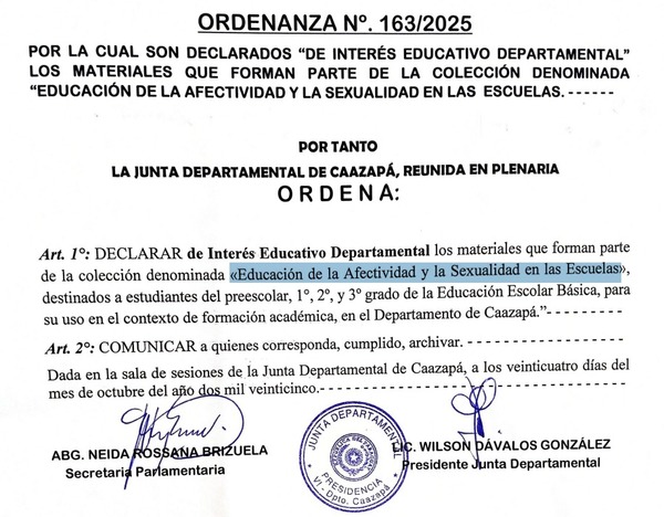 Caazapá declara de interés educativo departamental los materiales sobre afectividad y sexualidad en escuelas