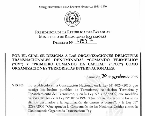 El Gobierno de Paraguay declara oficialmente «terroristas internacionales» al Comando Vermelho y al PCC