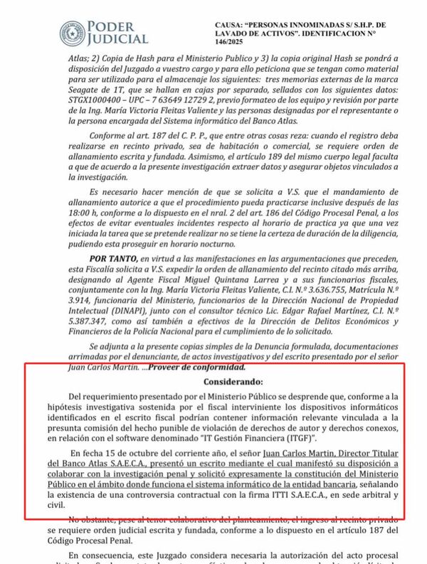 Ésta es la orden de allanamiento al Banco Atlas