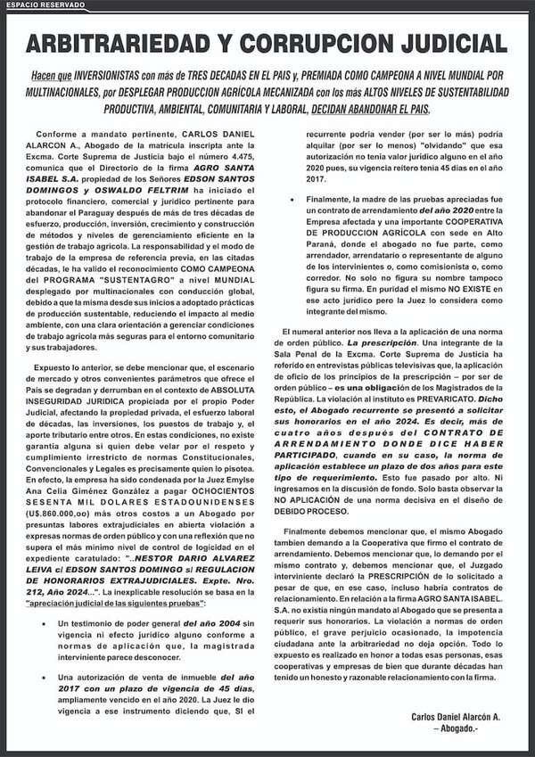 Comunicado de Agro Santa Isabel - Espacio Reservado - ABC Color