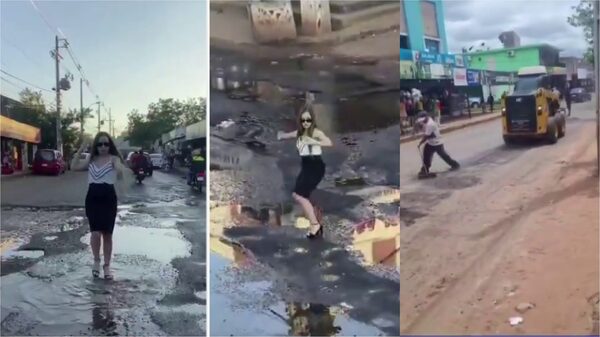 Popular / (VIDEO) Bailó en medio de los baches, fue viral y la Muni tuvo que tapar todo por el ñemotĩ