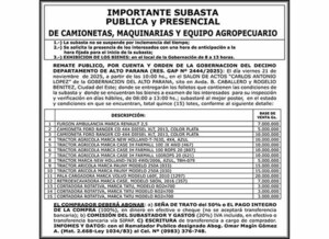 Gobernación del Alto Paraná anuncia importante subasta pública de vehículos y maquinarias | DIARIO PRIMERA PLANA