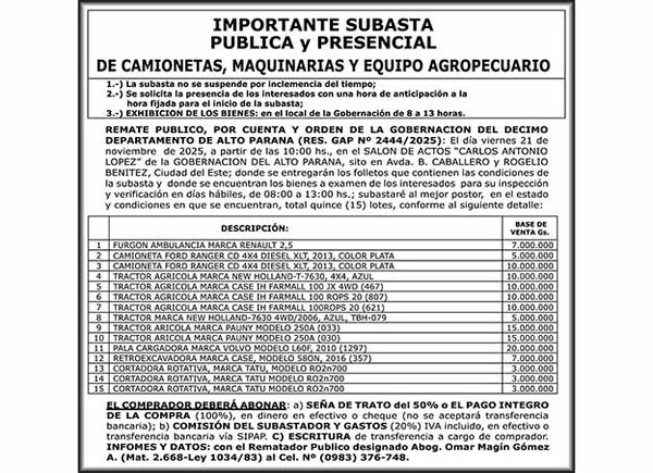 Gobernación del Alto Paraná anuncia importante subasta pública de vehículos y maquinarias | DIARIO PRIMERA PLANA