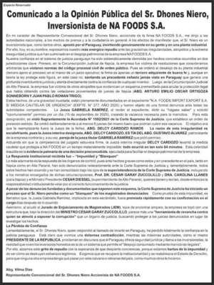 Comunicado a la Opinión Pública del Sr. Dhones Niero, Inversionista de NA FOODS S.A. - Espacio Reservado - ABC Color
