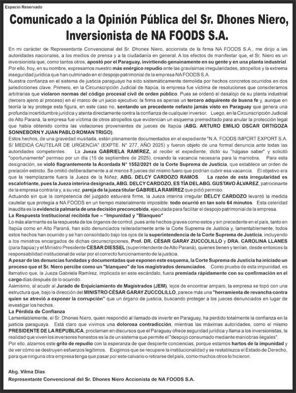 Comunicado a la Opinión Pública del Sr. Dhones Niero, Inversionista de NA FOODS S.A. - Espacio Reservado - ABC Color