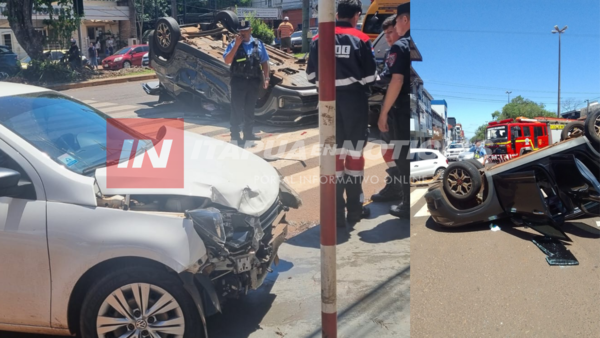 CHOQUE Y VUELCO EN PLENO CENTRO DE ENCARNACIÓN DEJA IMPORTANTES DAÑOS MATERIALES