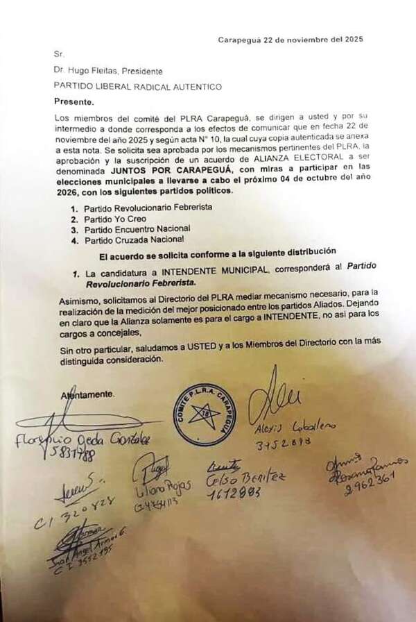 Controversia en el PLRA de Carapeguá tras anuncio de alianza opositora - Nacionales - ABC Color