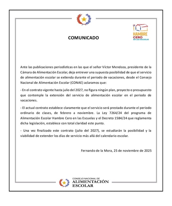 CONAE Desmiente Extensión de Almuerzo en Vacaciones