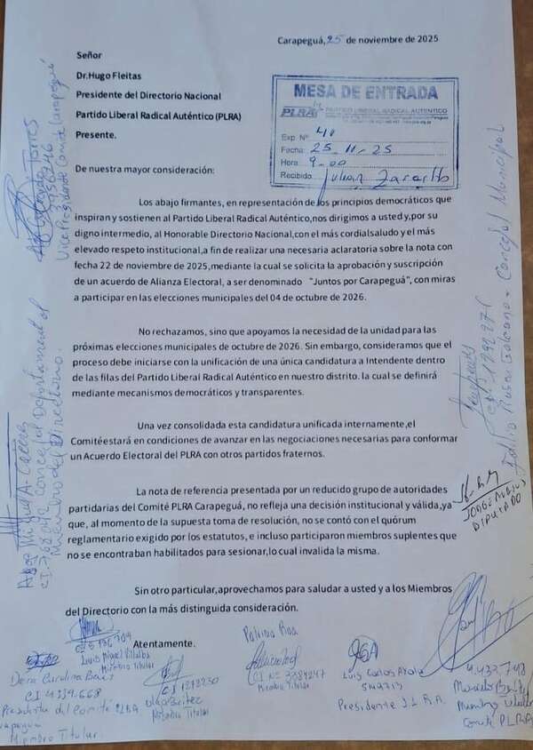 Carapeguá: Tensiones internas en el PLRA complican alianzas para 2026 - Nacionales - ABC Color