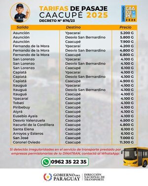 Dinatran pone a disposición tarifario para Caacupe 2025