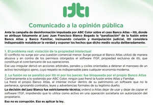 itti denuncia campaña de desinformación y aclara bloqueos en fusión Banco Atlas-Banco Familiar