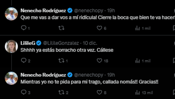 “Mientras yo no te pida para mi trago, callada nomás”, respondió Nenecho ante críticas