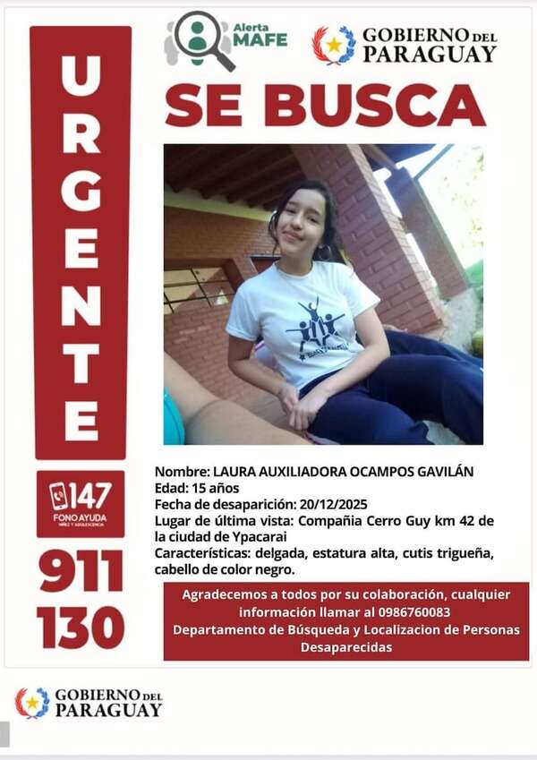 Denuncian desaparición de adolescente de 15 años en la zona de Ypacaraí - Nacionales - ABC Color