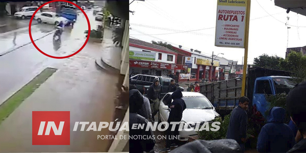 CHOQUE, DAÑOS MATERIALES Y SUSTO EN PLENO CENTRO DE CORONEL BOGADO.
