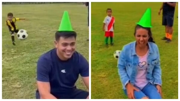 Padres de jugadores de escuela de fútbol se hacen virales con el desafío del cono