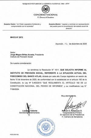 Senado exige al IPS informe sobre fideicomiso con Atlas