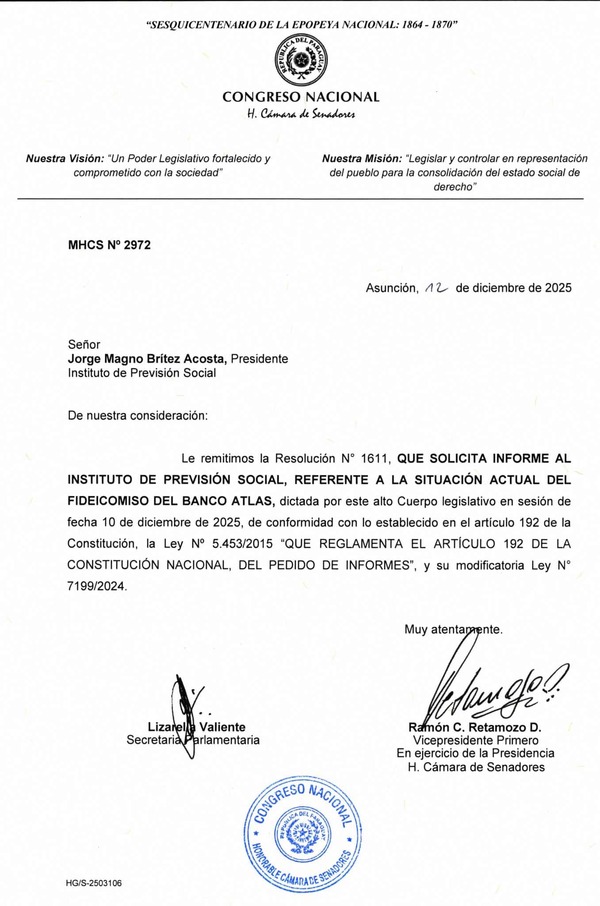 Senado exige al IPS informe sobre fideicomiso con Atlas