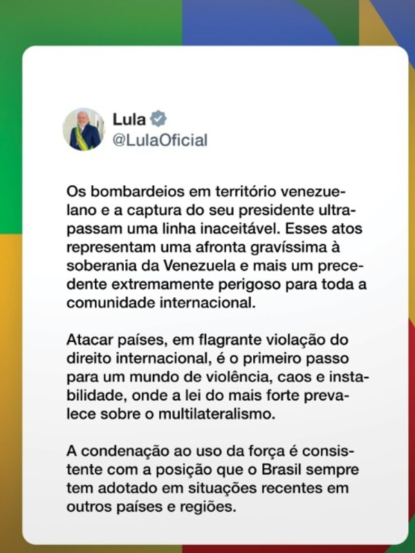 Lula condena intervención de EE.UU. en Venezuela: «Se ha cruzado una línea inaceptable»