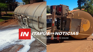 VUELCO DE CAMIÓN CISTERNA PROVOCÓ DERRAME DE 12 MIL LITROS DE LECHE EN EDELIRA