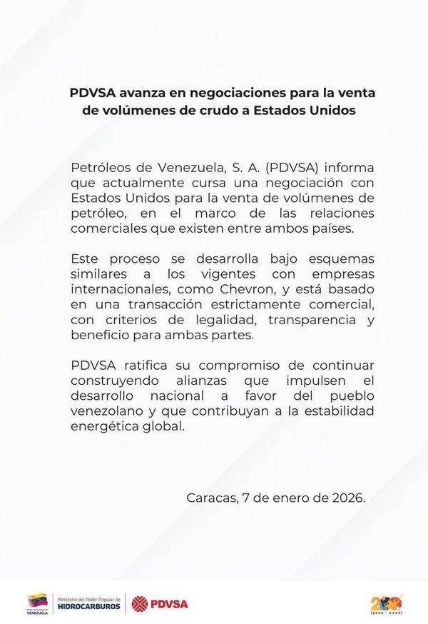 PDVSA confirma negociaciones con EEUU para vender petróleo tras flexibilización de sanciones