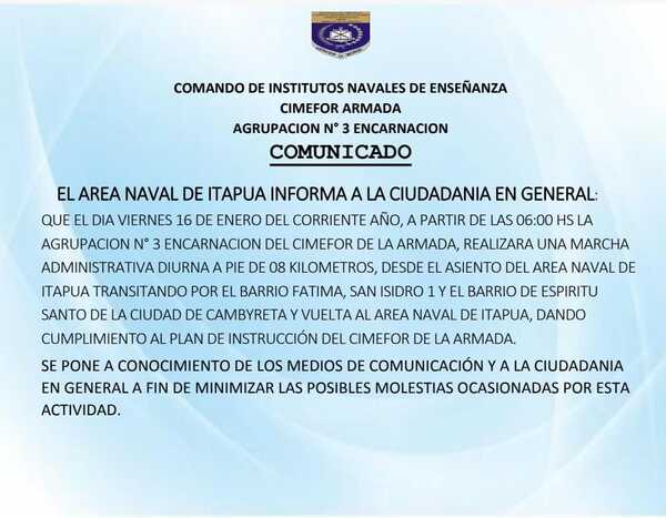 Armada de Itapúa organiza marcha administrativa con Cimeforistas
