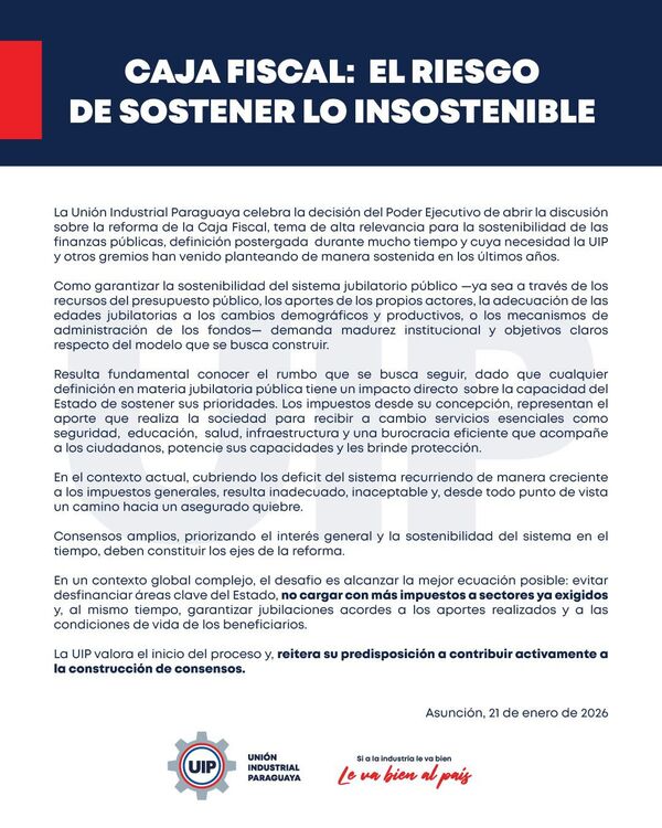 UIP advierte sobre la urgencia de reformar la Caja Fiscal y llama a consensos para garantizar su sostenibilidad