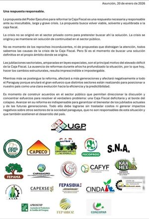 Organizaciones productivas respaldan reforma de la Caja Fiscal y llaman a una solución responsable y definitiva