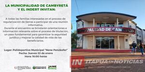 CONVOCAN A REUNIÓN PARA AVANZAR EN LA TITULACIÓN DE TIERRAS EN CAMBYRETÁ