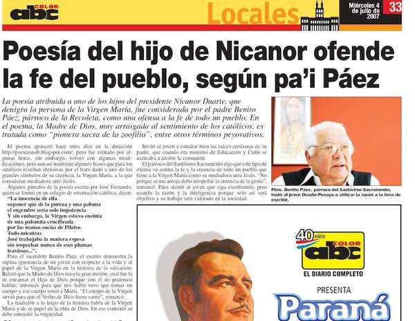 Hijo de Nicanor habría tratado a la Virgen María de “pionera sacra de la zoofilia” en un poema     - Política - ABC Color