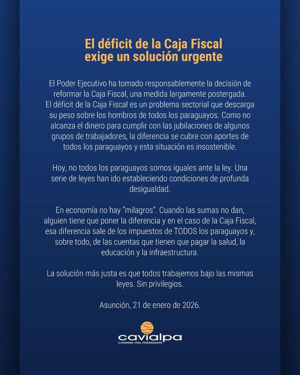 CAVIALPA sostiene que el déficit de la Caja Fiscal requiere una solución urgente y sin privilegios