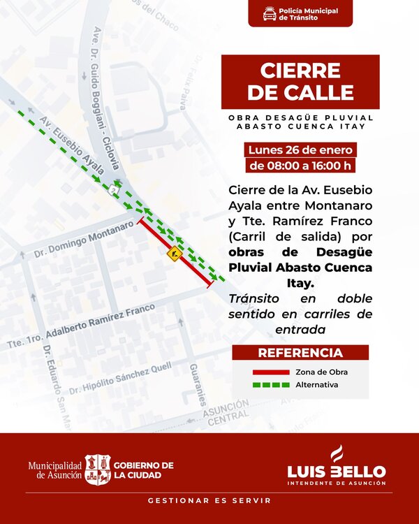 Municipalidad anuncian cierre de tramo de la Avda. Eusebio Ayala