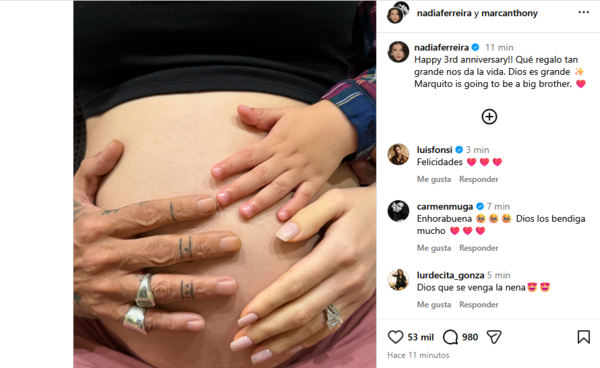 Nadia Ferreira y Marc Anthony esperan a su segundo hijo