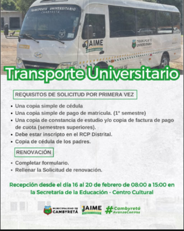 Municipalidad de Cambyretá habilita convocatoria al Programa de Transporte Universitario Gratuito