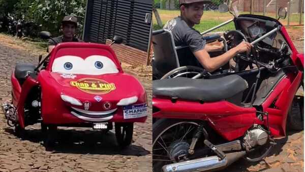 Con estilo de Cars, creó un “auto–moto” casero y se volvió viral