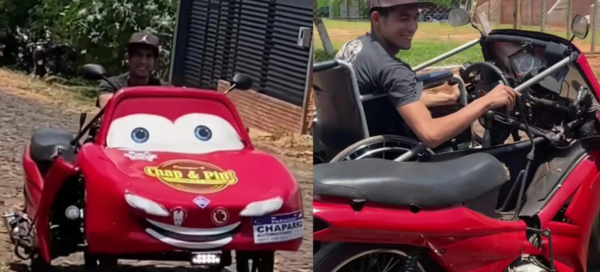 Con estilo de Cars, creó un “auto–moto” casero y se volvió viral