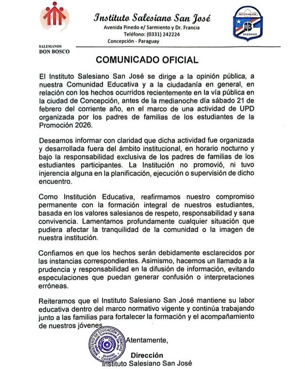Institución salesiana se desmarca de violencia ocurrida en UPD - Concepción al Día