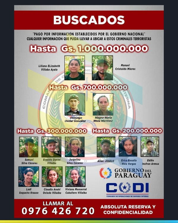 Gobierno ofrece hasta G. 1.000 millones por información sobre 13 integrantes del EPP - El Trueno