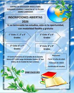 Inscripciones abiertas para jóvenes y adultos en el barrio San Isidro » San Lorenzo PY
