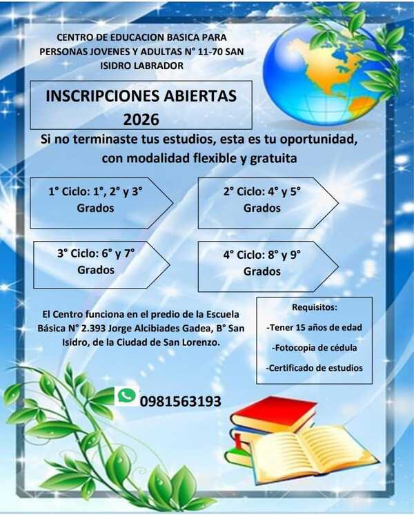 Inscripciones abiertas para jóvenes y adultos en el barrio San Isidro » San Lorenzo PY