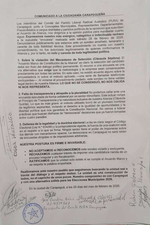 División en la Alianza: rechazan la elección de precandidato mediante encuesta en Carapeguá - Nacionales - ABC Color