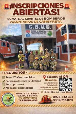 Bomberos Voluntarios de Cambyretá abren inscripción para nuevos integrantes