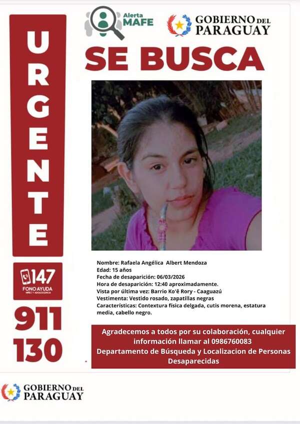 Alerta MAFE por la desaparición de una adolescente en Caaguazú - Policiales - ABC Color