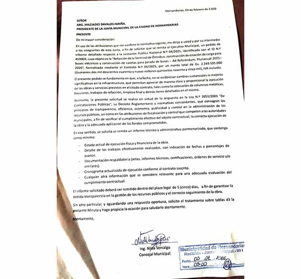 Concejal de Hernandarias exige informe detallado sobre millonarias obras en la Terminal y paradas de buses | DIARIO PRIMERA PLANA