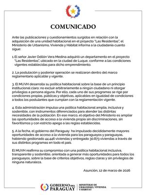 MUVH aclara que senador Javier "Chaqueñito" Vera adquirió departamento cumpliendo condiciones vigentes - El Trueno